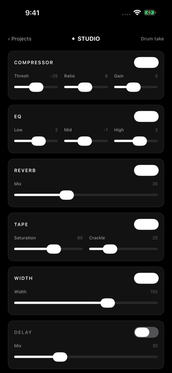 Effect modules in 415 Studios: compressor, EQ, reverb, tape, width and delay